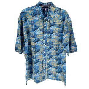 Phat Farm Shirt Mens 2XL Blue Button Down Short Sleeve All Over Print Logo
